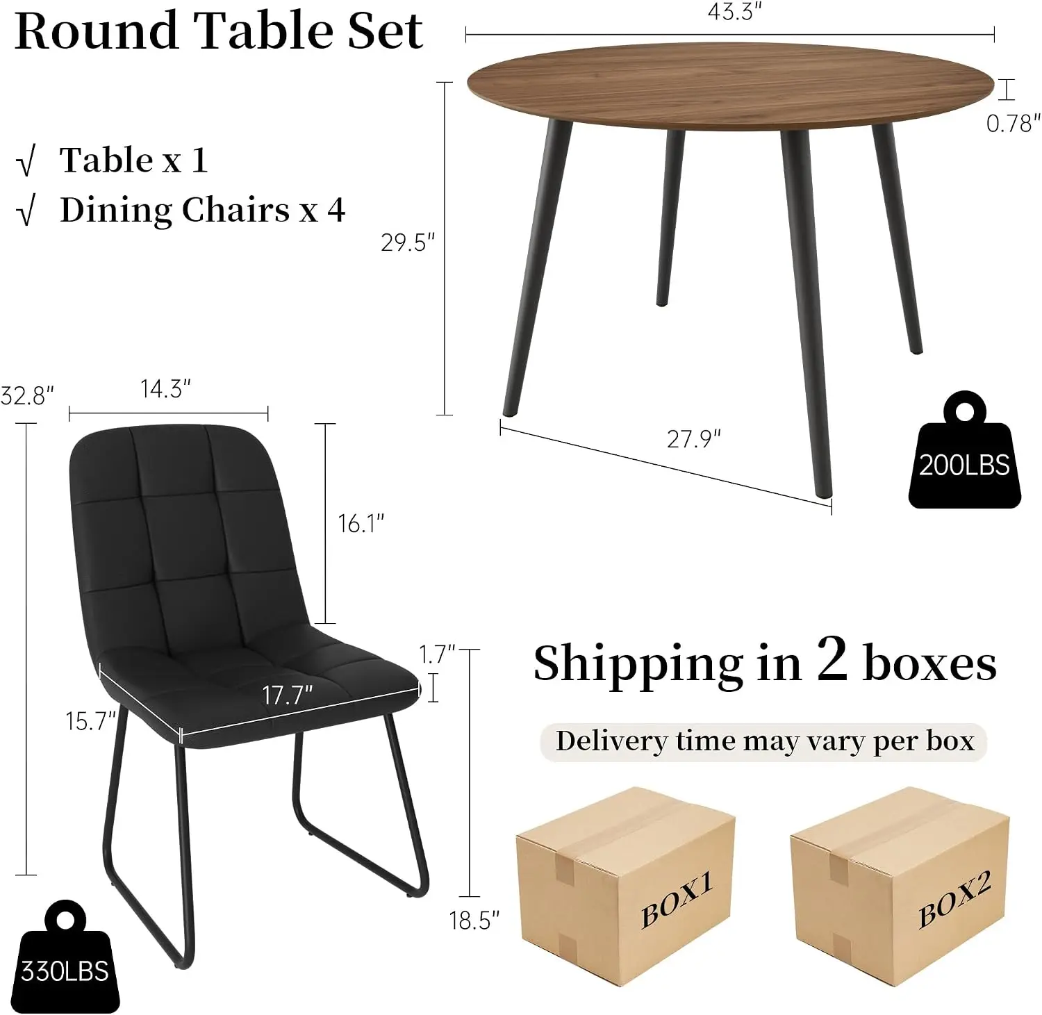 Round Dining Table Set, Seats 4, Walnut Table and Four Black PU Chairs