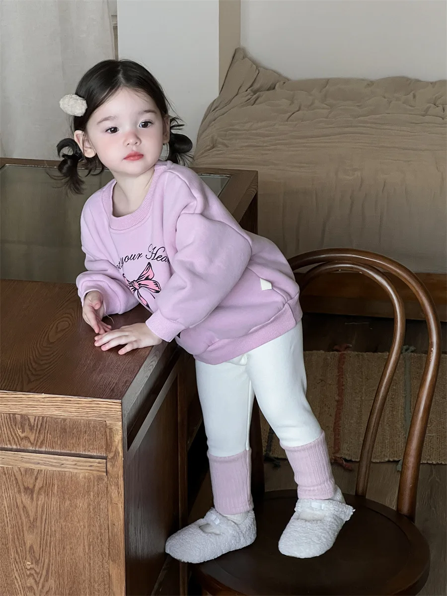 2025 Winter New Baby Long Sleeve Fleece Sweatshirt Cute Bow Print Infant Girls Plus Velvet Thick Pullover Toddler Warm Clothes