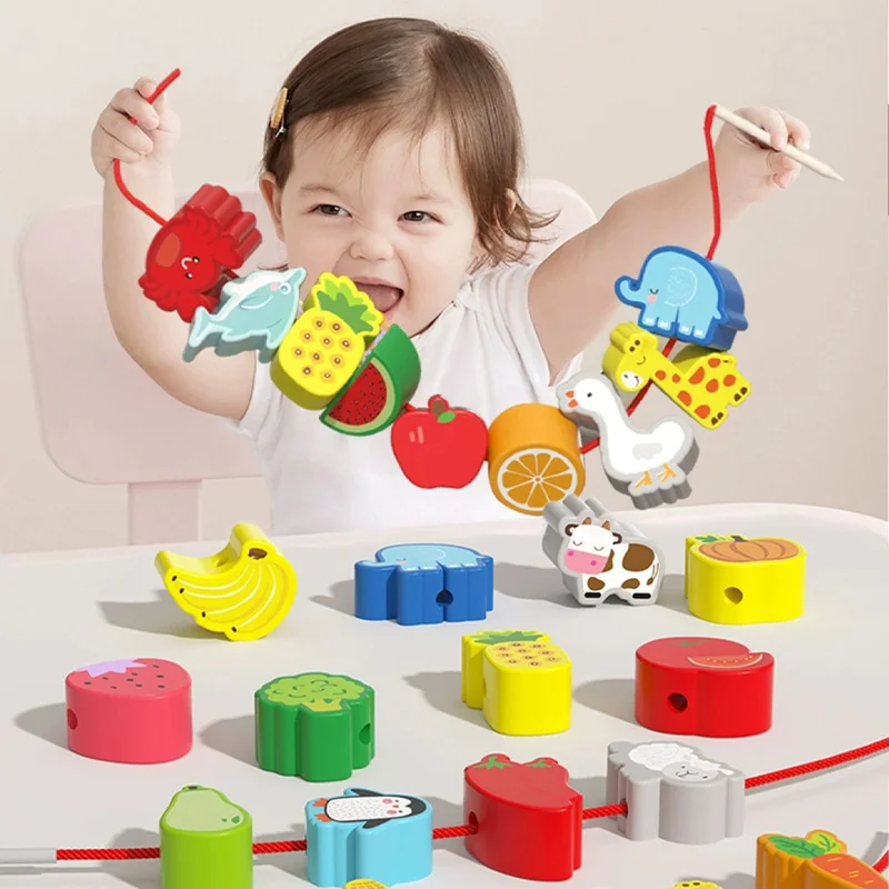 42pcs Beaded Wooden Toys Baby Cartoon Fruit Animal Stringing Wooden Beads DIY Montessori Toys Children's Educational Games