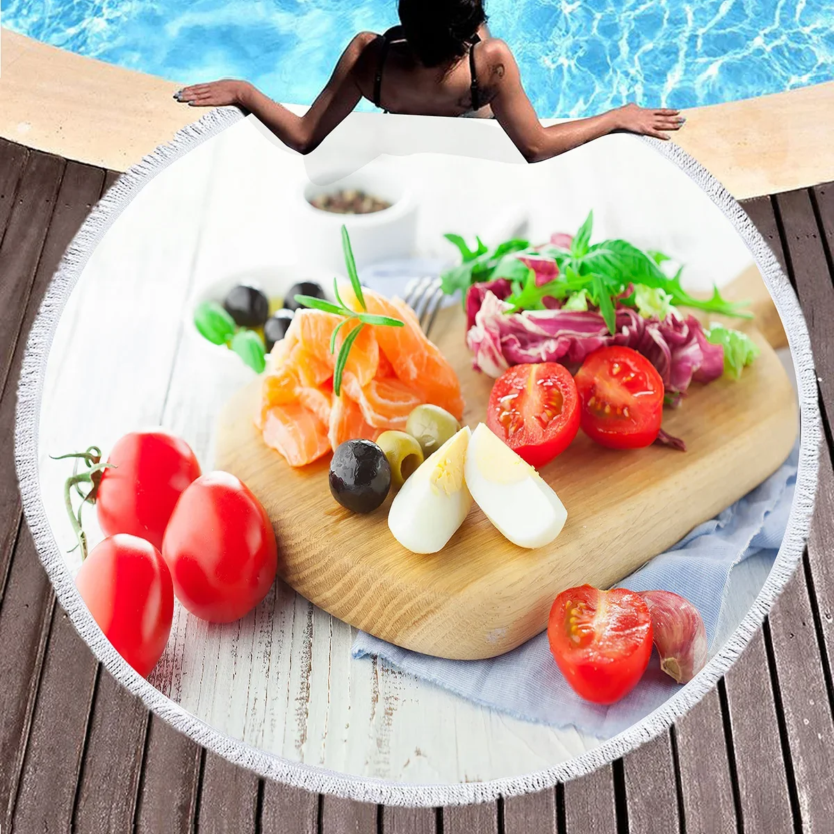 Cartoon Fruit Print Round Beach Towel,Fruits and Vegetables,Sand-free Beach Blanket,Absorbent Quick-drying Pool Towel Picnic Mat