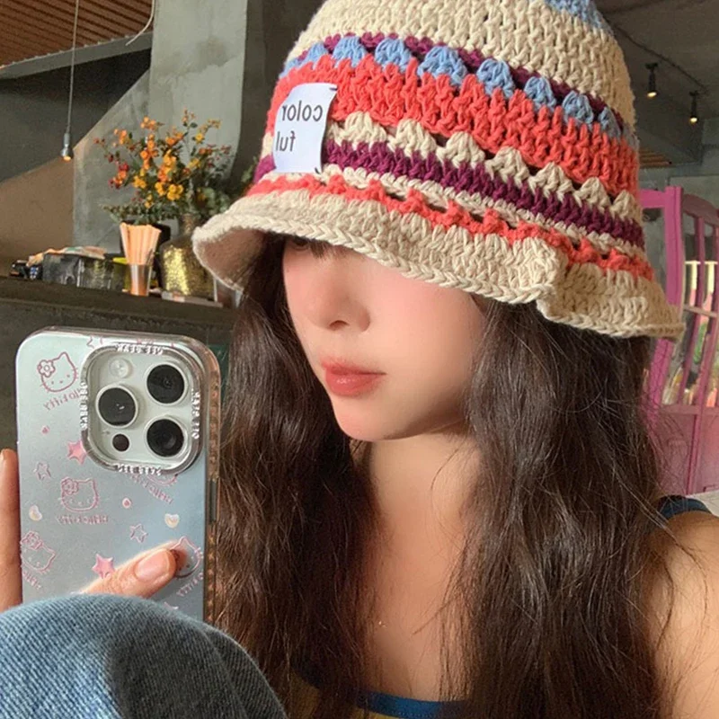 Women\'s Crochet Flower Bucket Hat Handmade Knitted Fishermen Cap Floppy Panama Caps Outdoor Foldable Sunscreen Hat Femme Sun Bob