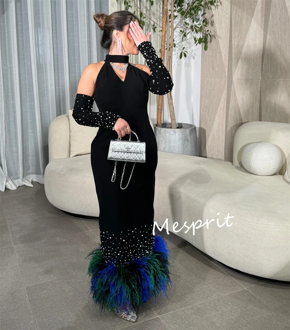 Customized High Quality Jersey Pearl Feather Straight High Collar Midi Dresses Bespoke Occasion Dresses Fashion Exquisite