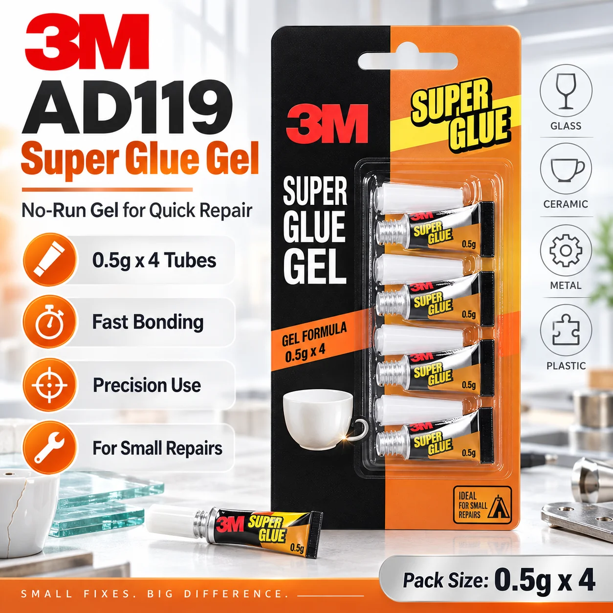 3M AD119 Super Glue Gel Fast Bonding No-Run Precision Adhesive For Ceramic Glass Metal Plastic DIY Repair 0.5g x 4 Tubes