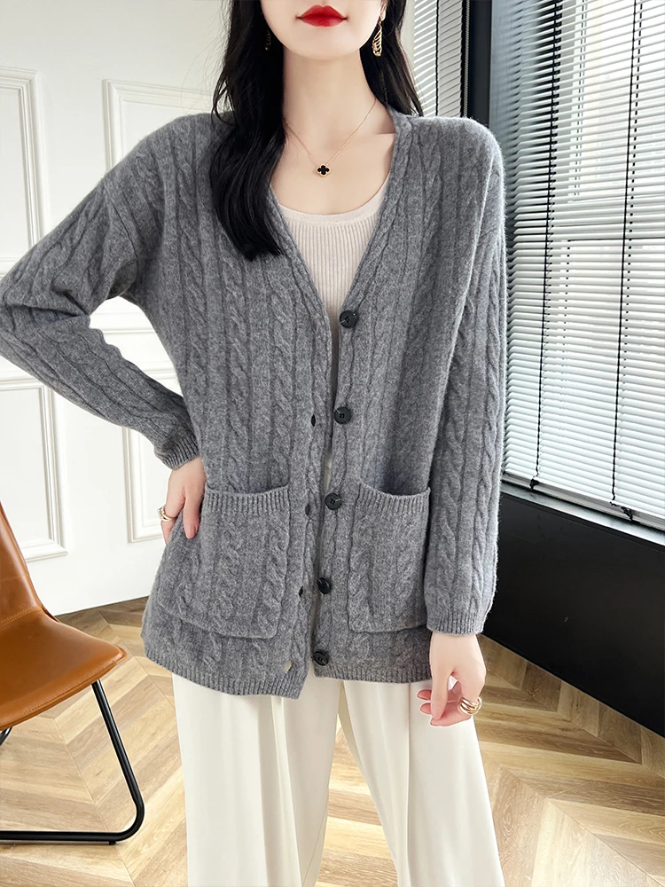 

Autumn Winter Women’s Sweater Cardigan Twist Flower V-neck Cashmere Loose Long Sleeve 100% Merino Wool Knitwear Pockets Clothing