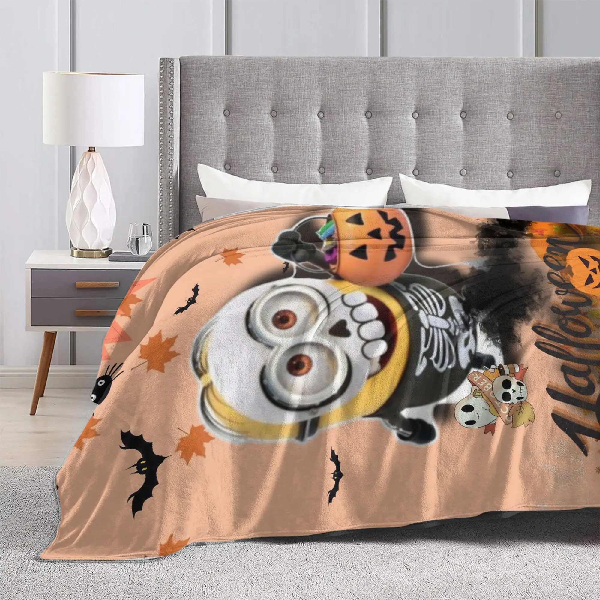 M-Minions-s Skull Halloween Pumpkin Blankets Fleece Decoration  Breathable Throw Blankets for Bedding Outdoor Plush Thin Quilt