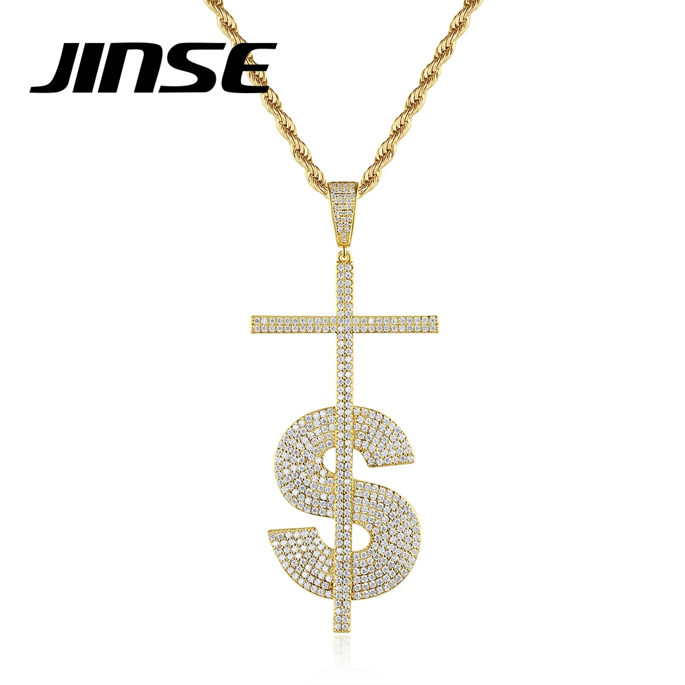 JINSE Hip Hop CZ Rope Chains Letter Money Sign Pendant Necklaces Full AAA Zircon Stone High Quality Men Male Party Jewelry