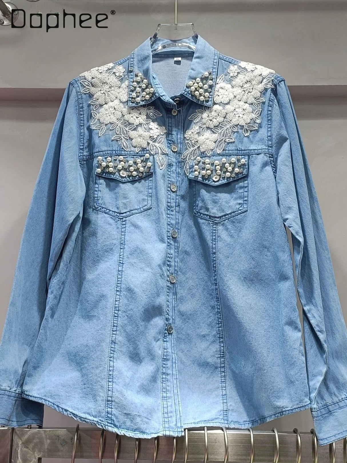 

Европейские тяжелые рубашки с цветочной вышивкой из бисера, женские рубашки весна-осень 202, новые модные кружевные лоскутные свободные повседневные джинсовые блузки, топ