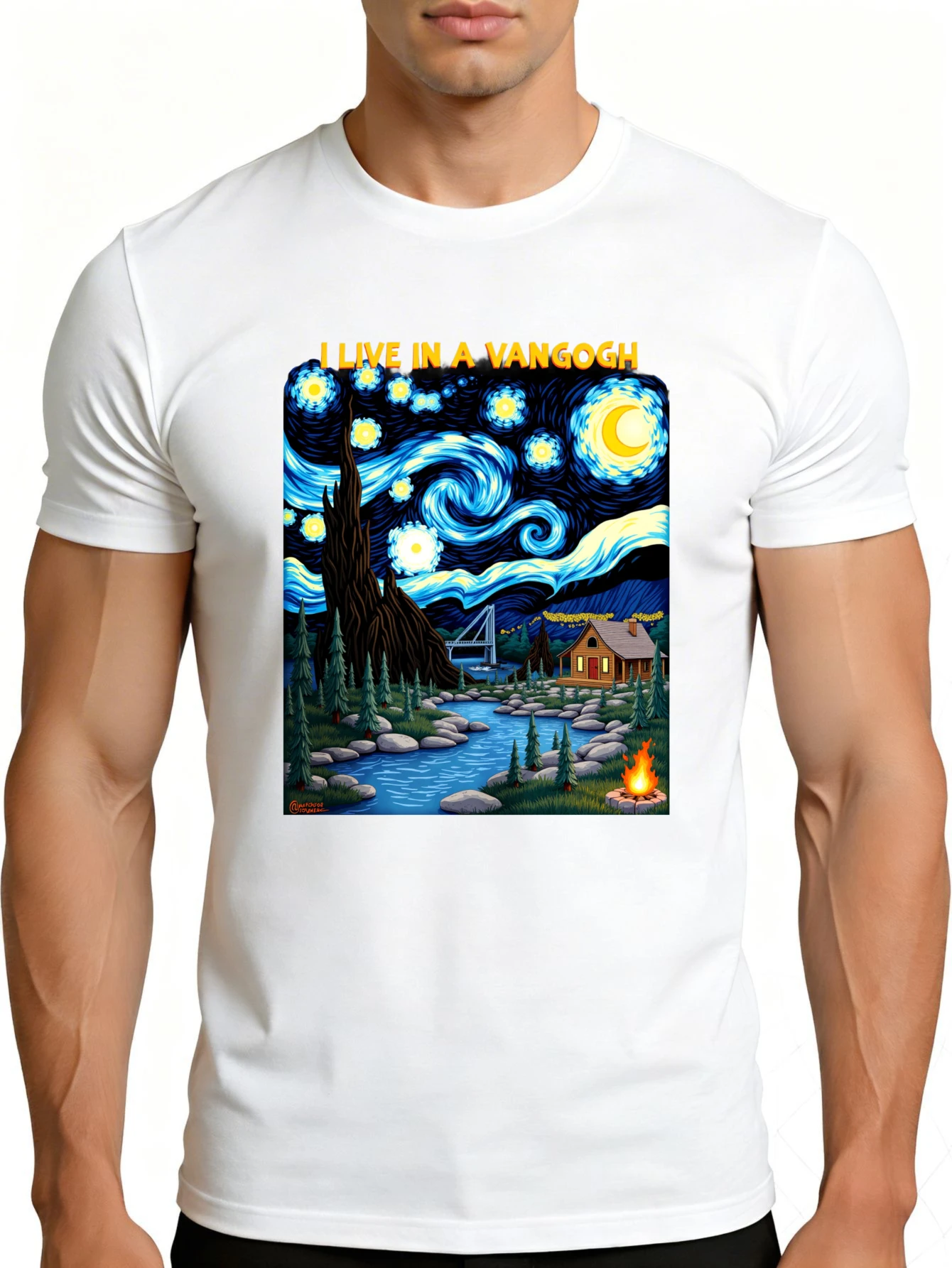 Artistic Style Men's T-Shirt, Inspired by Van Gogh's Starry Night Scene, Featuring a Cottage and a Bonfire, Suitable for Summer and Autumn Wear, Designed for Art and Nature Enthusiasts.