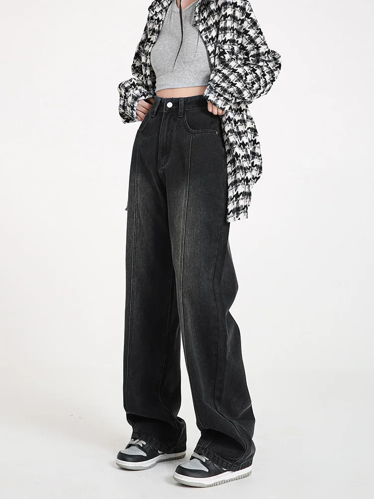 

High Waist Jeans for Women Denim Pants Black Vintage New Straight Full Length Baggy Wide-leg Trousers