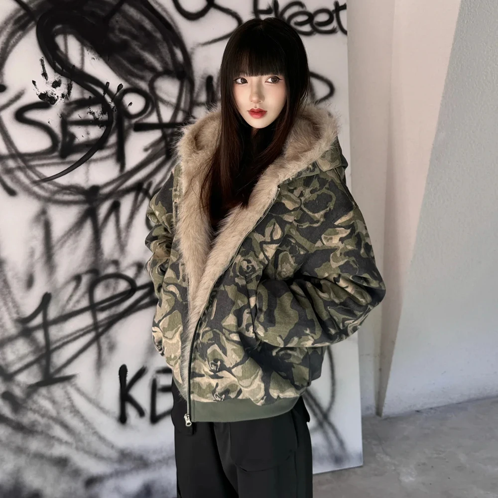 TWOTWINSTYLE Camouflage Spliced Fur Jacket For Women Hooded Long Sleeve Patchwork Zipper Casual Chic Coat Female Fashion Clothes