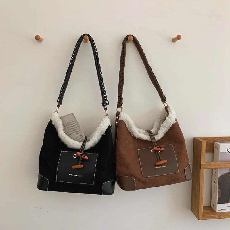 Bolsas femininas de lã fosca, bolsas de ombro femininas, nicho retrô, bolsa mensageiro, novo popular, outono e inverno, 2023