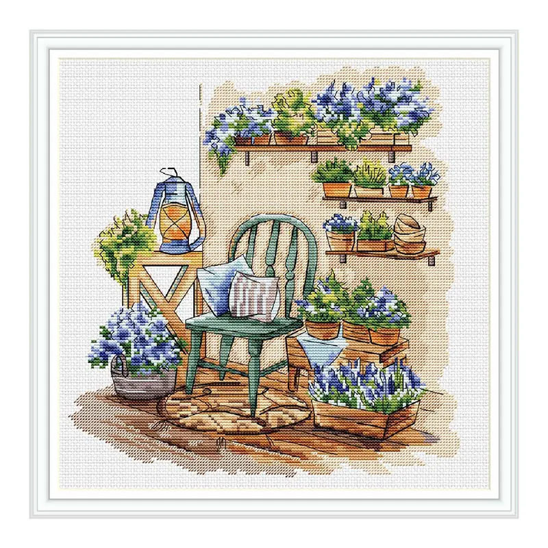 Fishxx Cross Stitch Kit Precision Print C1677 Garden Flower Pot Laid-Back Pastoral Style