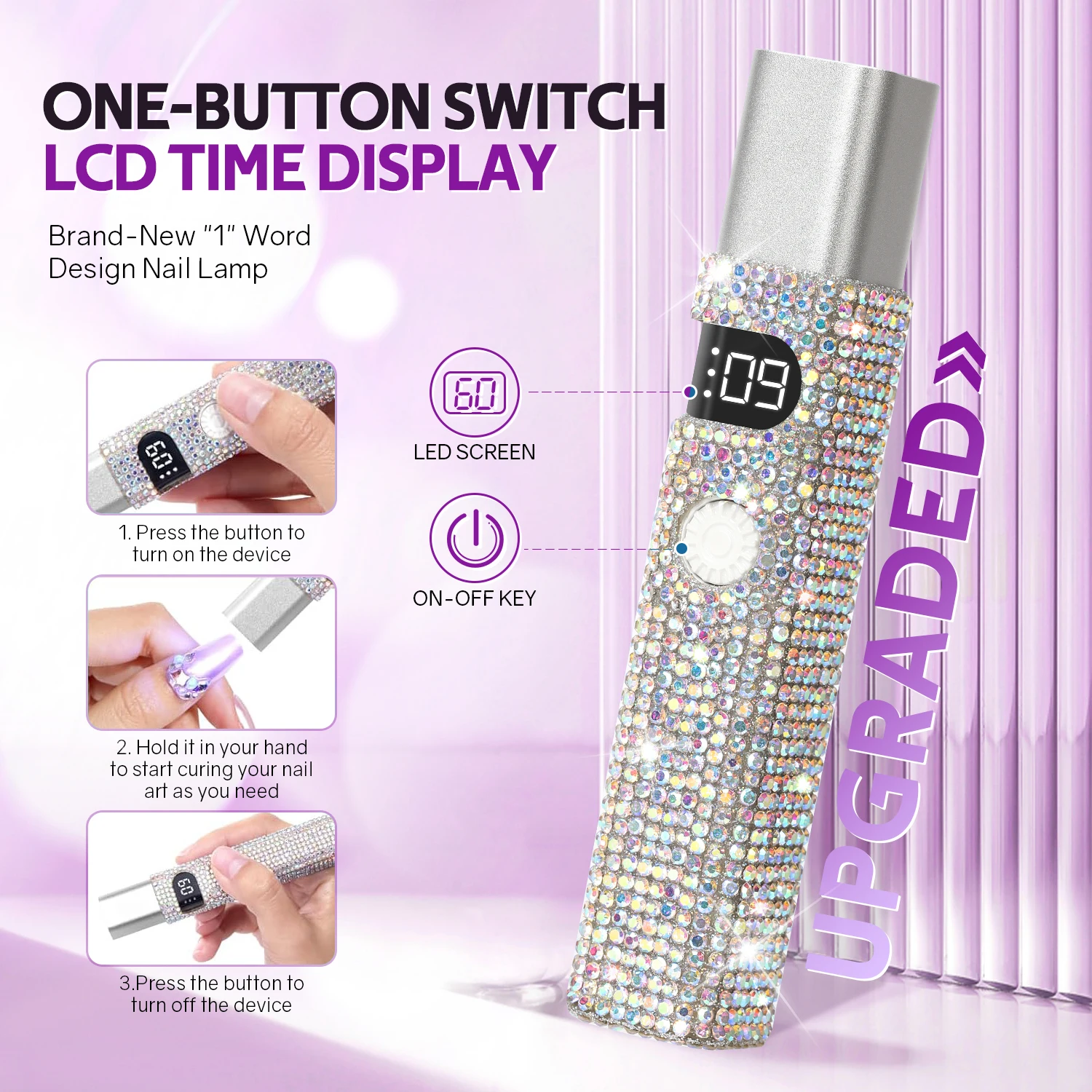 مصباح أظافر محمول بالأشعة فوق البنفسجية مع أحجار الراين اللامعة وشاشة عرض الوقت LCD وعدسات محدبة 5X للعلاج السريع