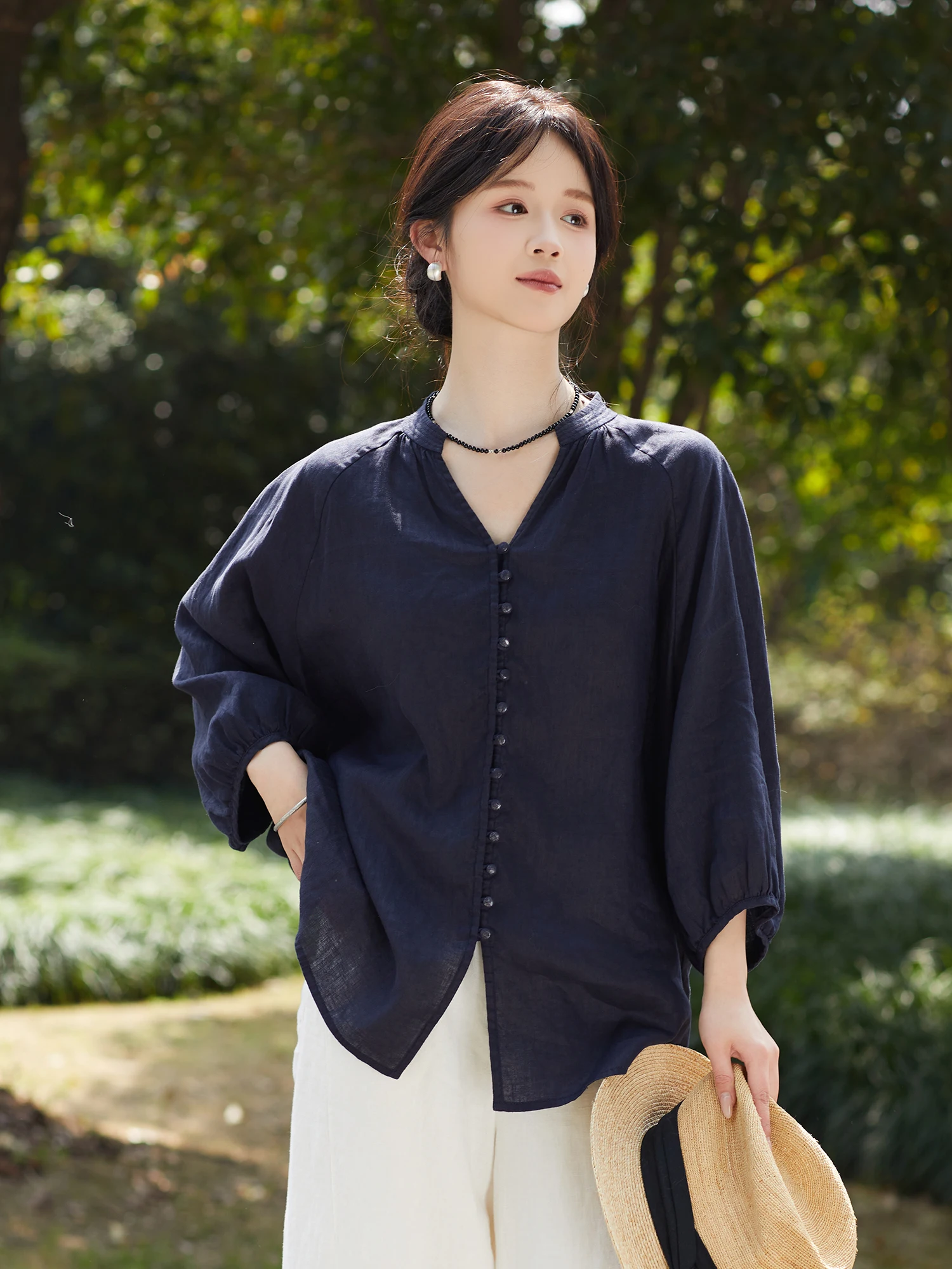 

Wangcheng A1229 Spring Collection 2026 Linen V-neck Shirt Seven-quarter Sleeve Women's Loose Fit Sunscreen Thin Top