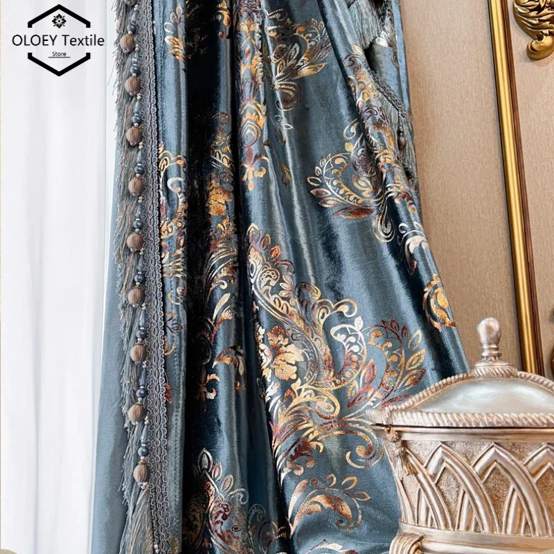 

Baroque Blue Velvet Curtains for Living Room Bedroom European Luxury Embroidery Tulle Valance Villa Custom