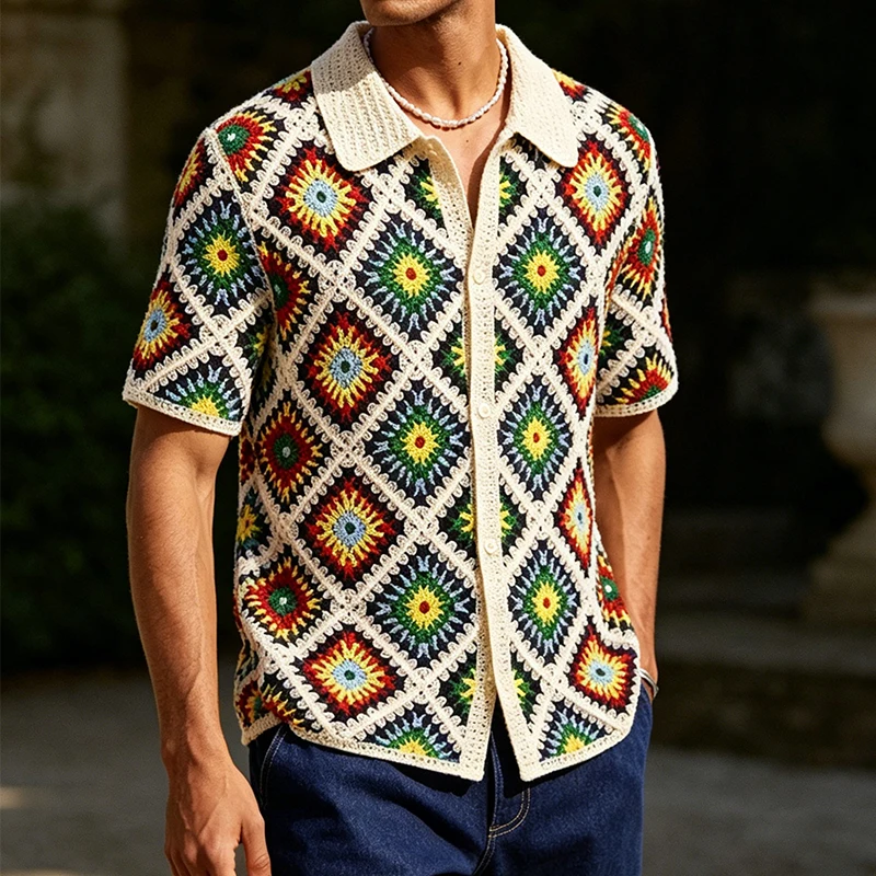 2026 Summer Casual Mens Short Sleeve Knit Shirt Tops Men Vintage Crochet Knitted Cardigans Mens Fashion Buttoned Lapel Shirts
