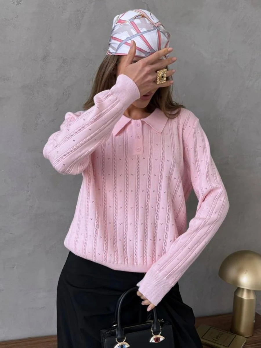 

Blubelle Women's Autumn New Jacquard Knitted Sweater Loose Versatile Polo Shirt Collar Long Sleeve Knitted Top