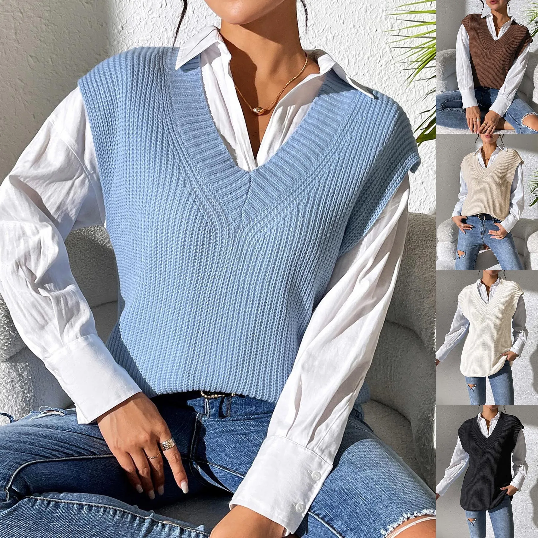 

Простой женский жилет V-Ne, вязаный свитер, жилет M677, весна-осень, новый Sle College Ladies Faion, трансграничный сгусток...