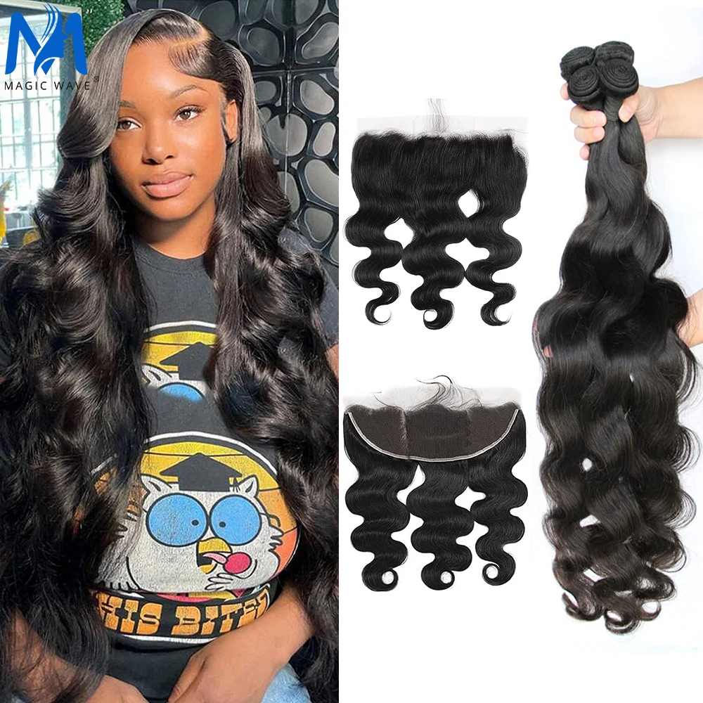 Bundel rambut manusia gelombang tubuh 32 38 40 inci dengan 13x4 rambut Remy Brasil Frontal renda transparan untuk WANITA HITAM 3 4 bundel