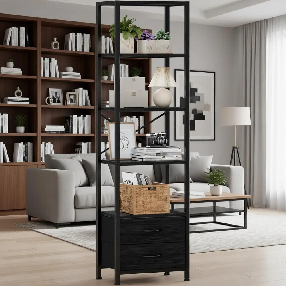 

5-Tier Narrow Bookshelf with 2 Storage Drawers, 65.16 Tall Metal and Wood Display Stand for Living Room or Bedroom