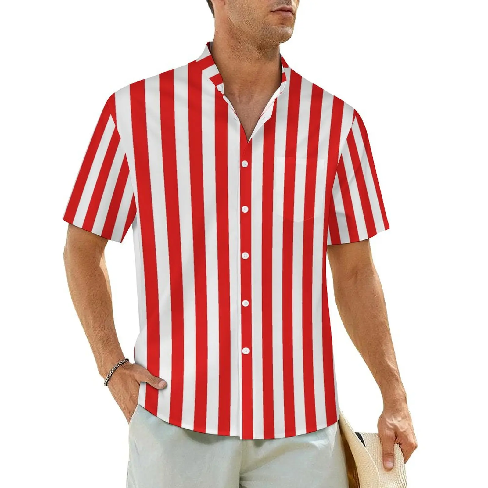 

Classic Stripes Beach Shirt Red And White Lines Hawaiian Casual Shirts Mens Novelty Blouses Short-Sleeved Harajuku Clothing