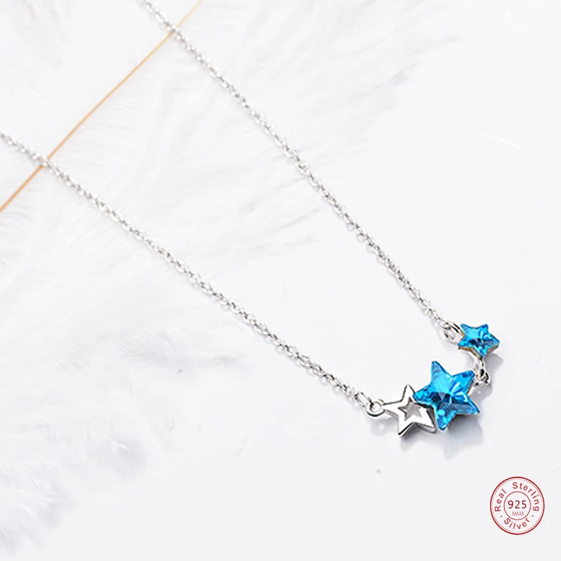 New Arrival Female Short Clavicle Chain 925 Sterling Plata Stackable Blue Crystal Pentagonal Star Necklace For Women Statement