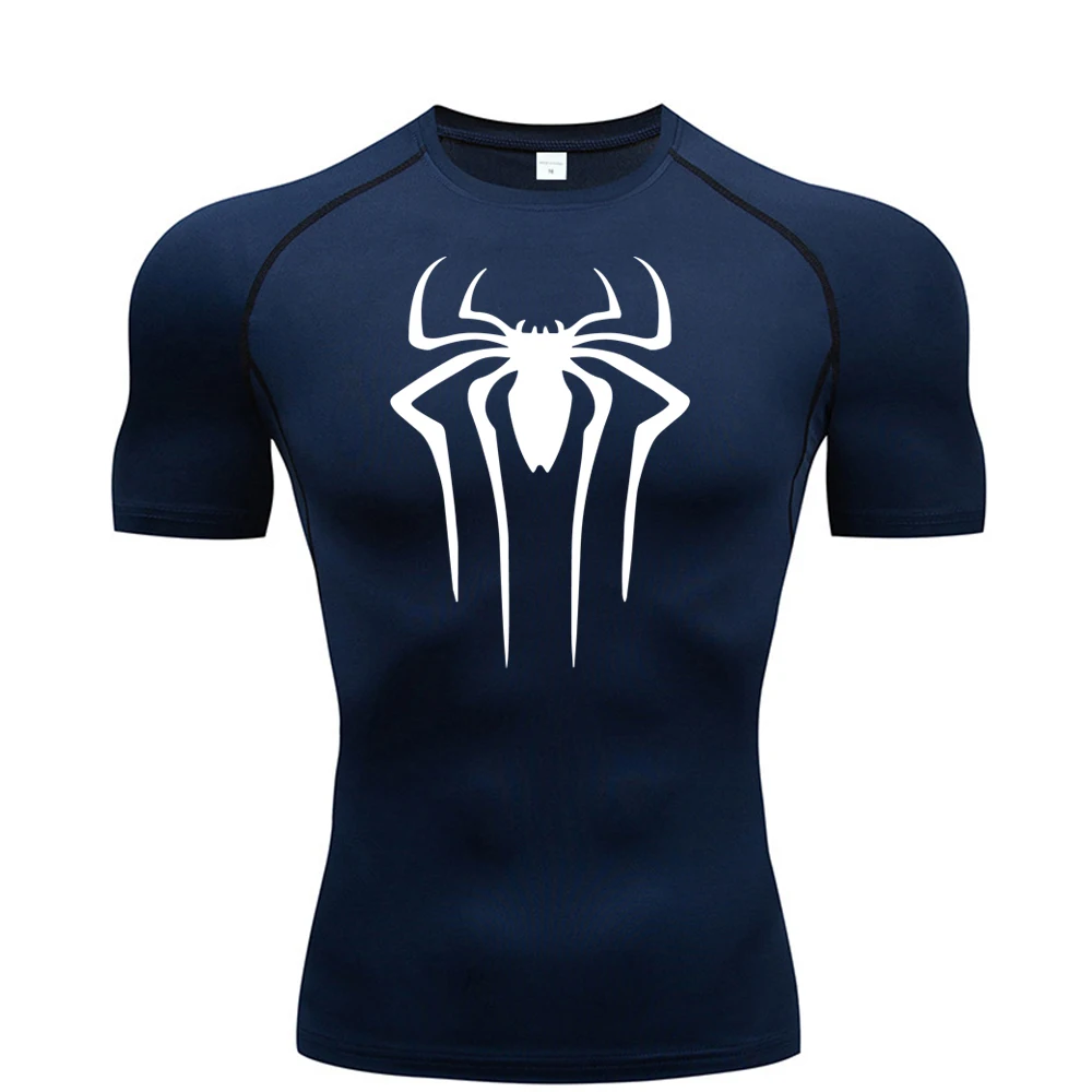 Spider Print Compression Shirts for Men Summer Short Sleeve Rash Guard Gym Workout Tshirt Athletic Quick Dry Undershirts Tops