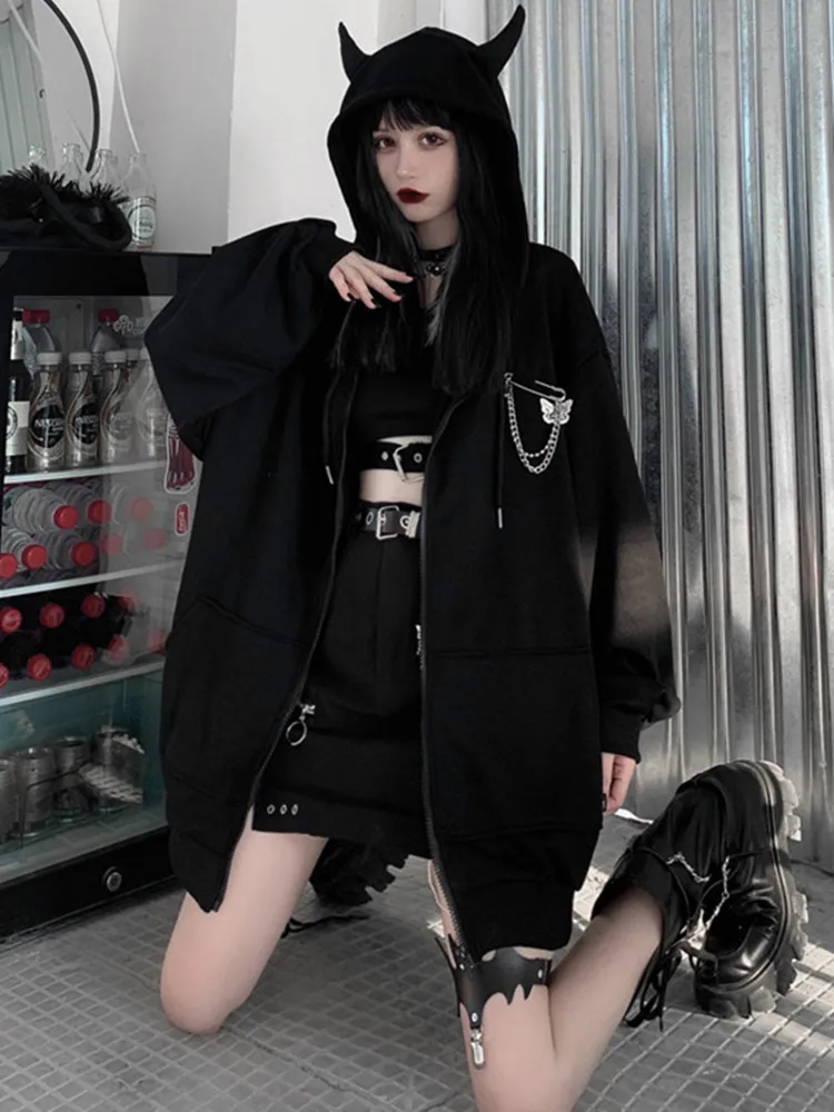 Yangelo Gothic Little Devil Cotton Hooded Jacket Women Winter New 2020 Warm Chain Coat Female Harajuku Black Oversized Tops