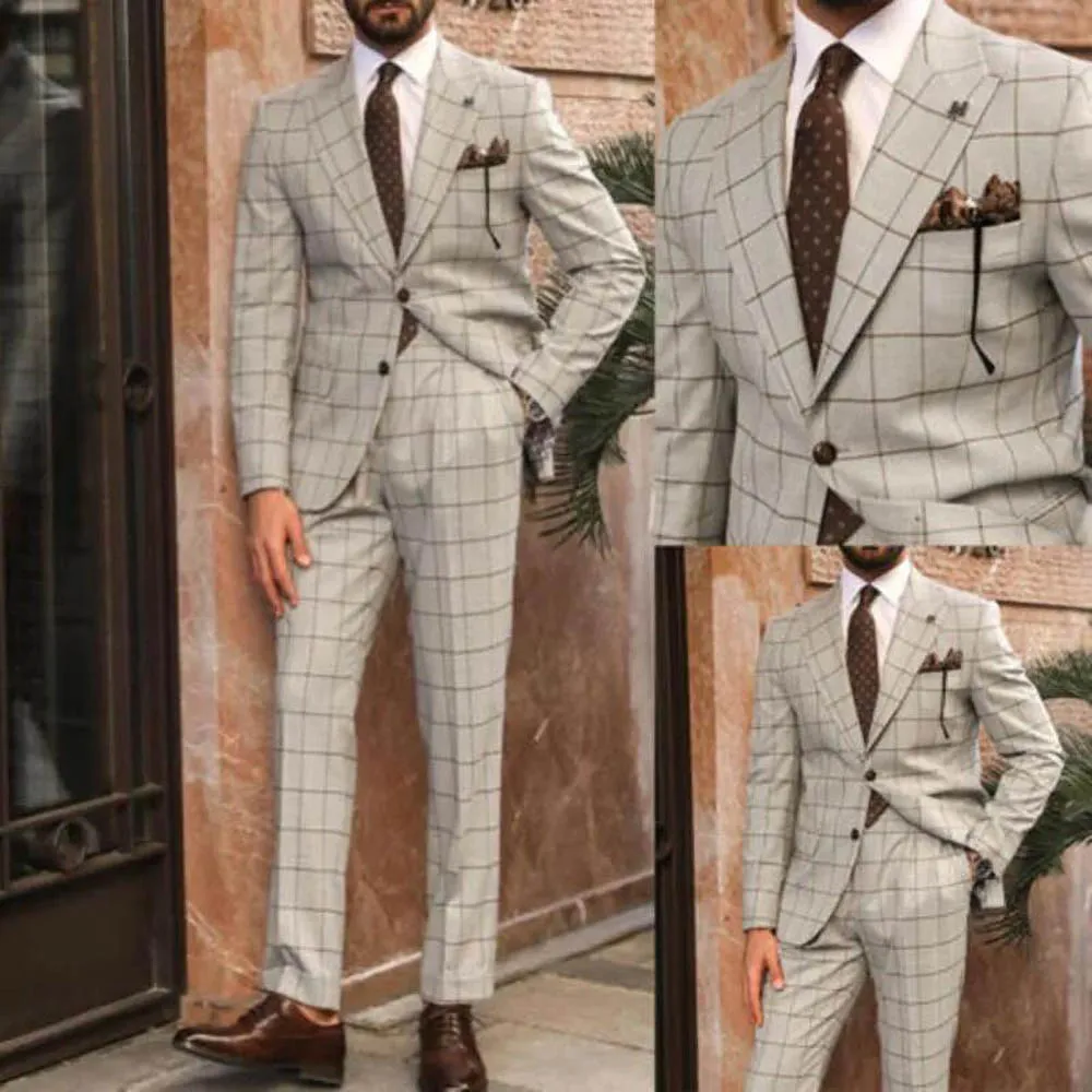 

New Arrival Men's Suits Plaid Handsome Wedding Tuxedo Jacket Blazer with Pants Groom Formal Casual 2 Piece Male Suit Slim Fit