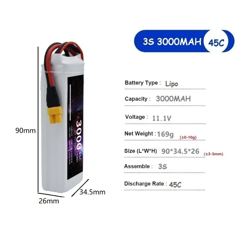 3S 45C 11.1V 3000mAh Rechargeable Lithium Polymer Battery for Vehicle and Ship Models Aircraft Drone with T XT60 XT30 JST Plug