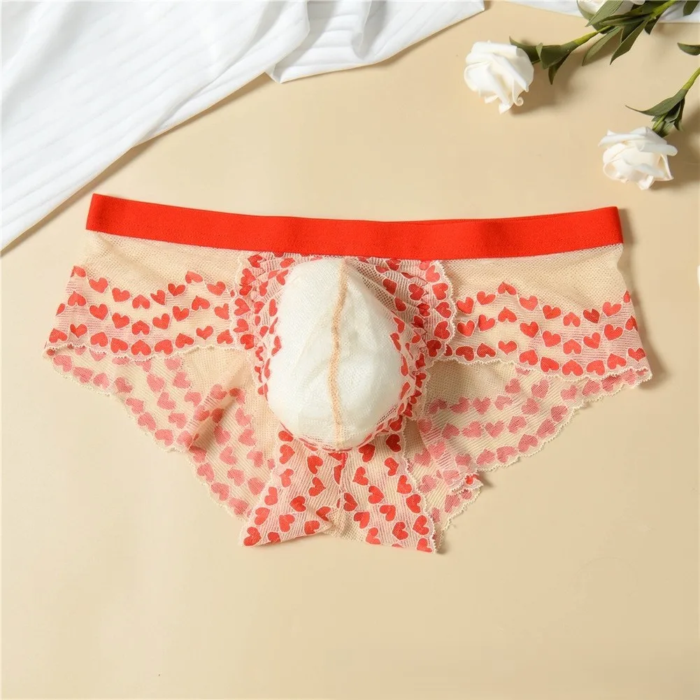 For Bedroom for romance Sheer Mesh Briefs See Through Briefs 10 Spandex Stretch Breathable Fabric Heart Pattern Print