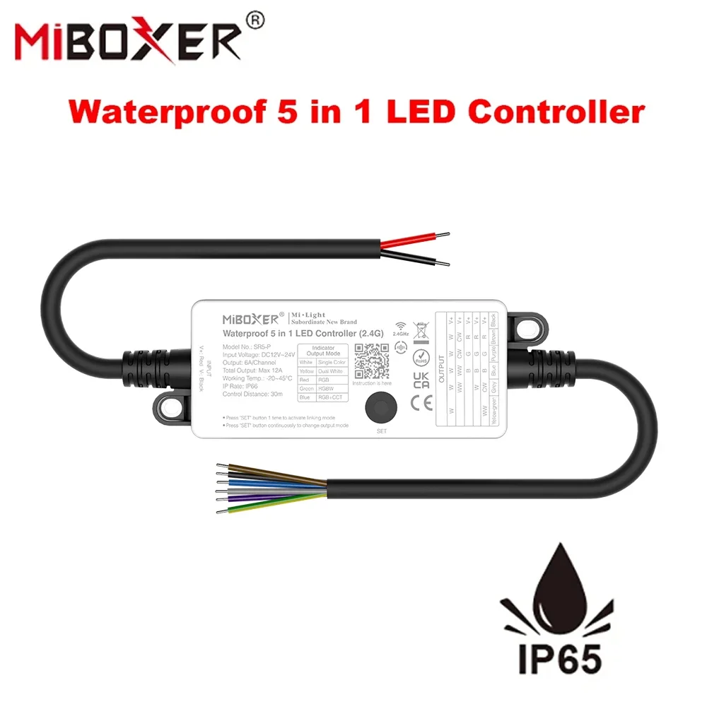 

Miboxer Waterproof 5 in 1 LED Controller SR5-P DC 12V 24V Single Color CCT RGB RGBW RGB+CCT LED Strip