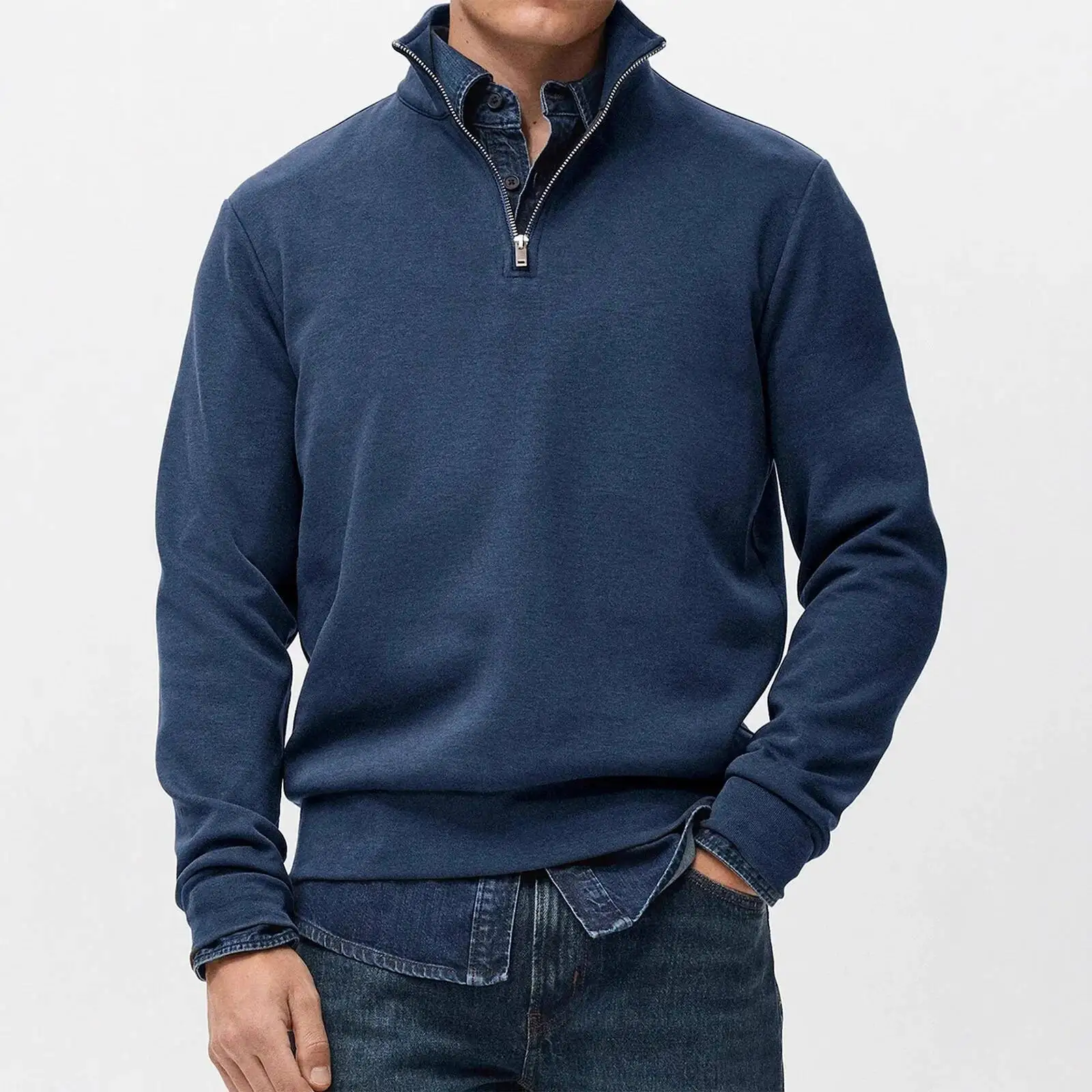 

2026 Daily Casual Stand Collar Sweatshirt Vintage Solid Color Long Sleeve Zipper Polo Shirts Men Spring Leisure Pullover
