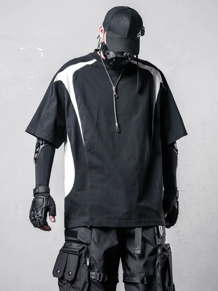

Dark Personality Black and White Color Contrast Patchwork High-Grade Techwear Style Streetwear Short-Sleeved T-shirt Men's Top