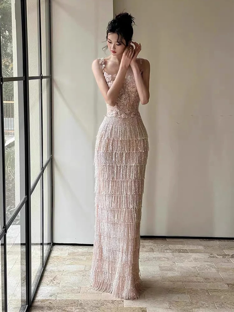 Ele Heavy Embellied Morning Robe for Women Wedding Dr Skirt Faionable Mid-Waist Zipper Sle Long Evening Gown