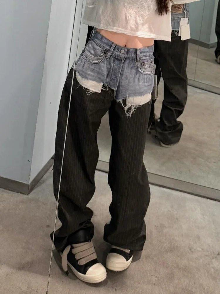 

Retro American Suit And Jeans Set Women's Summer Hot Girl 3D Printing Floor-Length Pants Patchwork Slim Fit Natural Waist