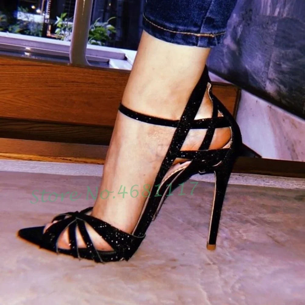 

Shiny Glitter Cross-Strap Sandals Women High Stiletto Heels Gorgeous Sequin Sandals Summer Open Pointy Cover Heel Party Shoes