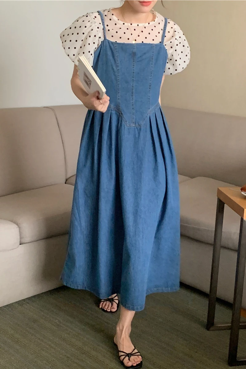 Schickes Polka Dot Ort Sve Damen-Set für den Sommer 2023, Bubble Sve-Top mit Jeansrock, modisches Freizeit-Outfit