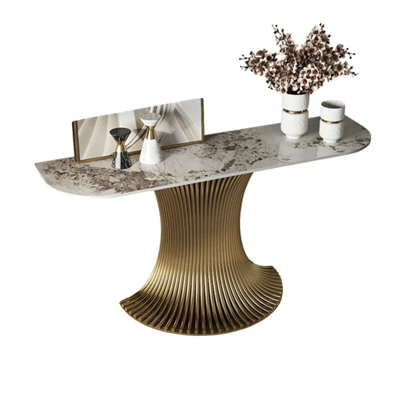 Italian light luxury, villa hotel lobby entrance corridor art end view platform rock slab stainless steel entrance table