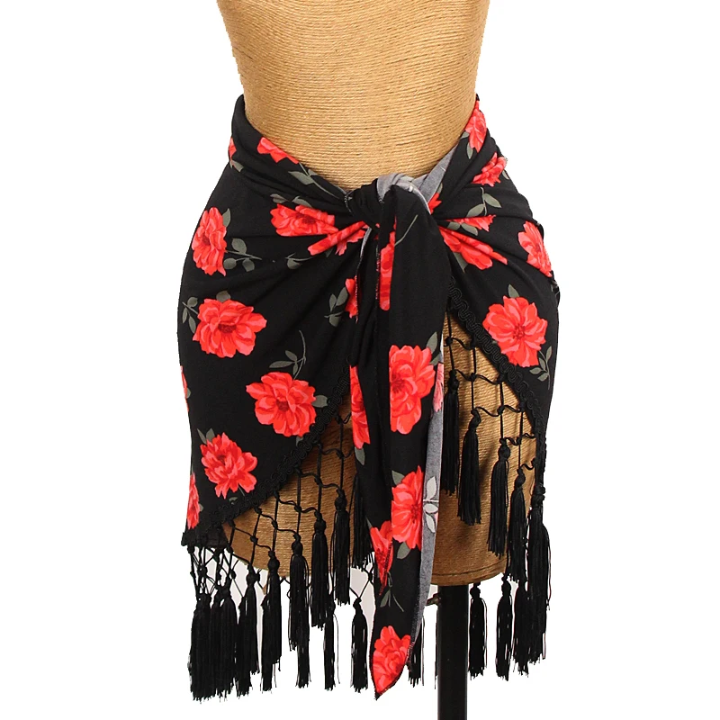 Flower Print Latin Dance Skirt Women Fringe Hip Scarf Sexy Practice Clothes CHa Cha Rumba Samba Performance Clothing DNV19048