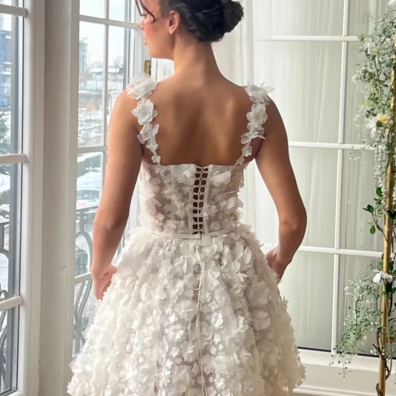 Mini vestidos de baile florais 3d românticos para festa, alças espaguete, linha a, vestido de baile, decote em coração, vestido de casamento curto