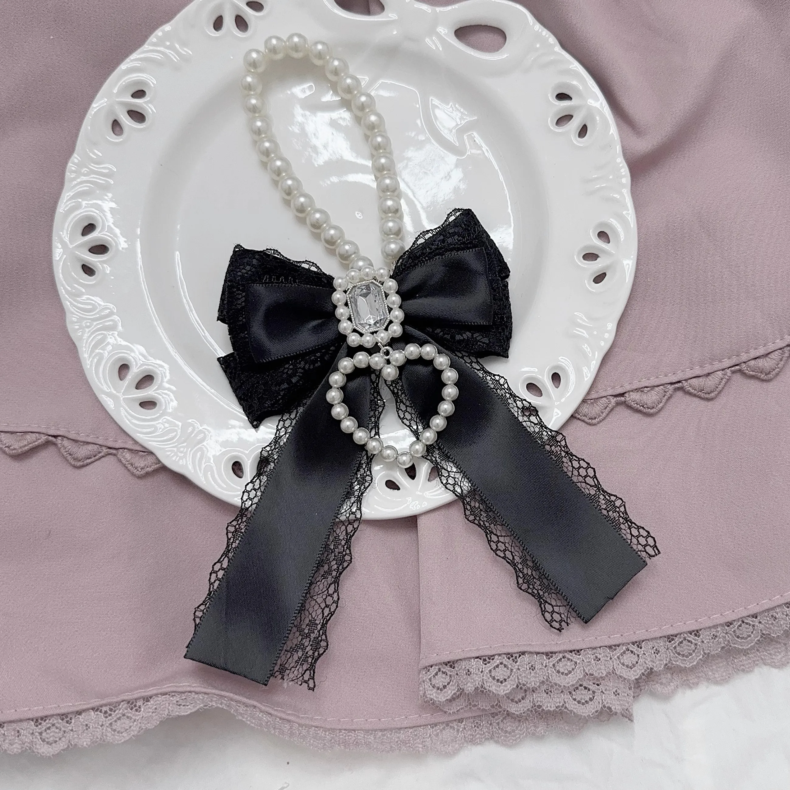 الأصلي Harajuku الشريط الدانتيل قلادة لوليتا القوطية الألم حقيبة اللؤلؤ معلقة كبيرة القلب الماس Bowknot ظهره قلادة