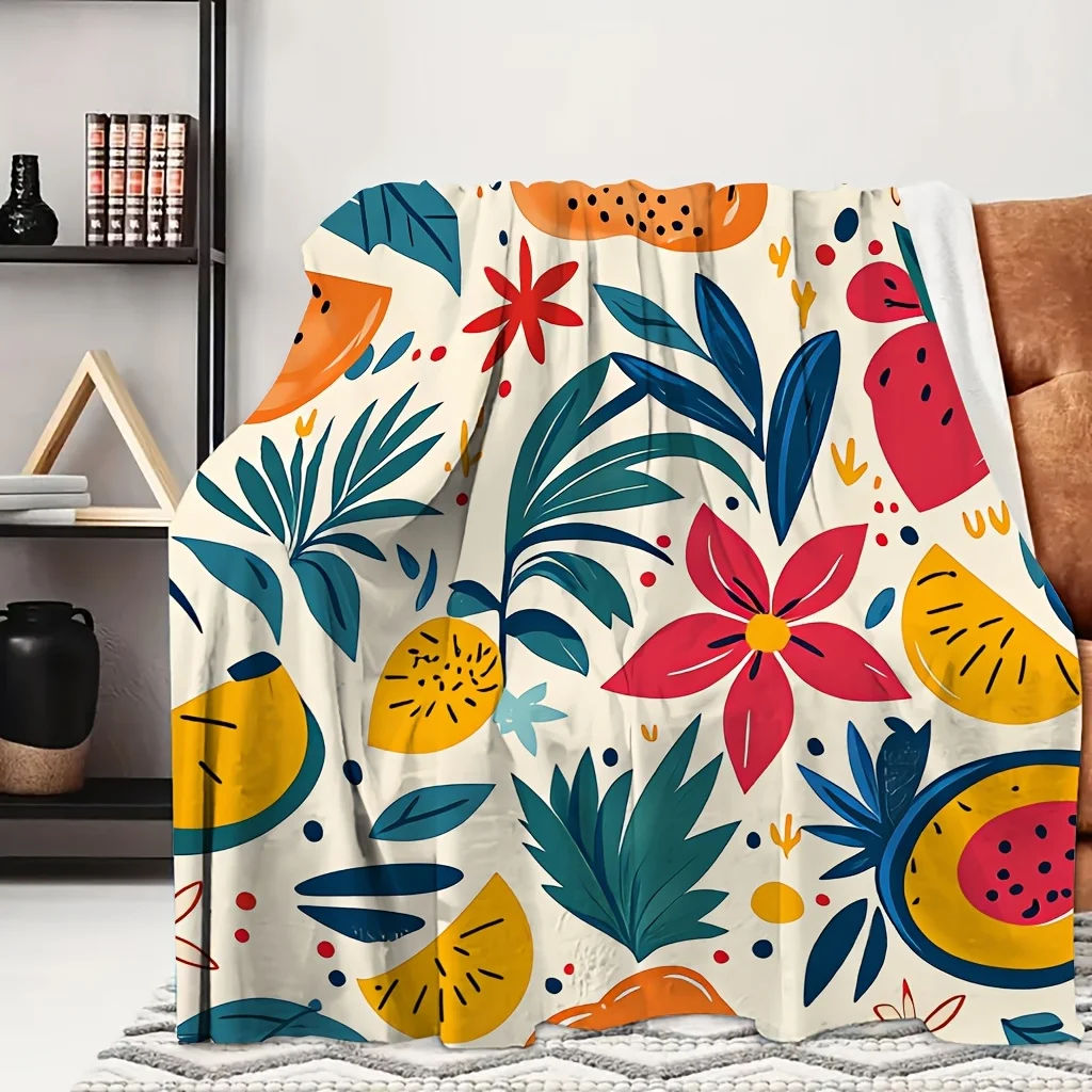 1pc Tropical Mixed Fruit Leaf Bright Floral Print Flannel Blanket, Soft And Skin-Friendly, Suitable for Blankets, Bed Covers, Ga