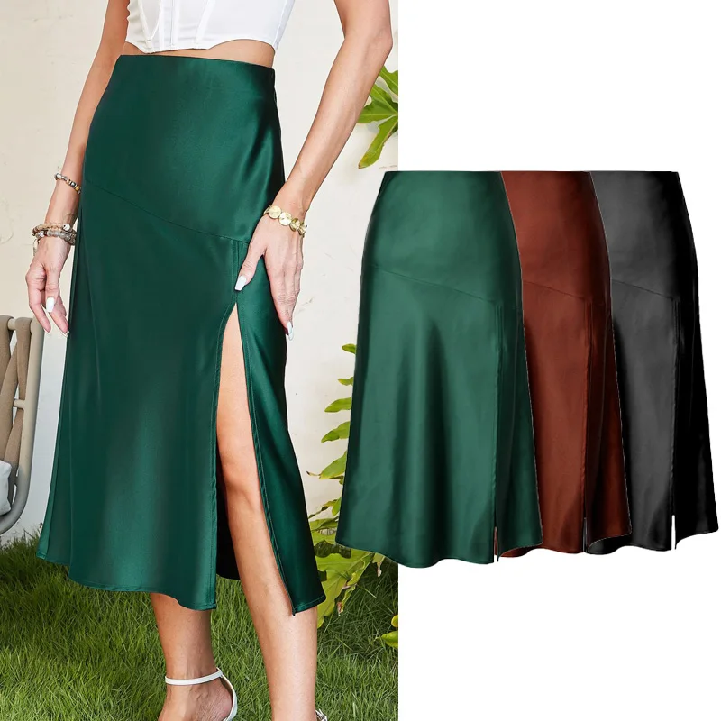 

large swing skirt for women High waisted glossy satin skirt high-end silk smooth solid split A-line skirts sexy Long Skirts