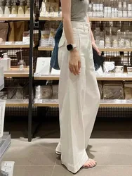 Early Spring New Style White Cotton Linen Wide Leg Pants High Waist Drooping Slimming Straight Casual Pants Women's Clothing