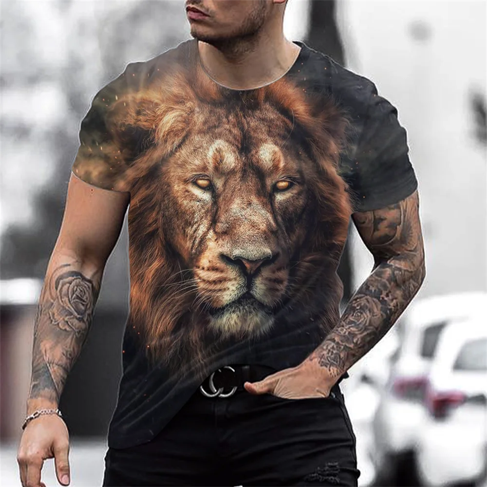 

Lion Fighting Animal Beast Fierce Lion Print 3D T Shirt New Summer Men's Oversized Short Sleeve Black and White Design Polyester