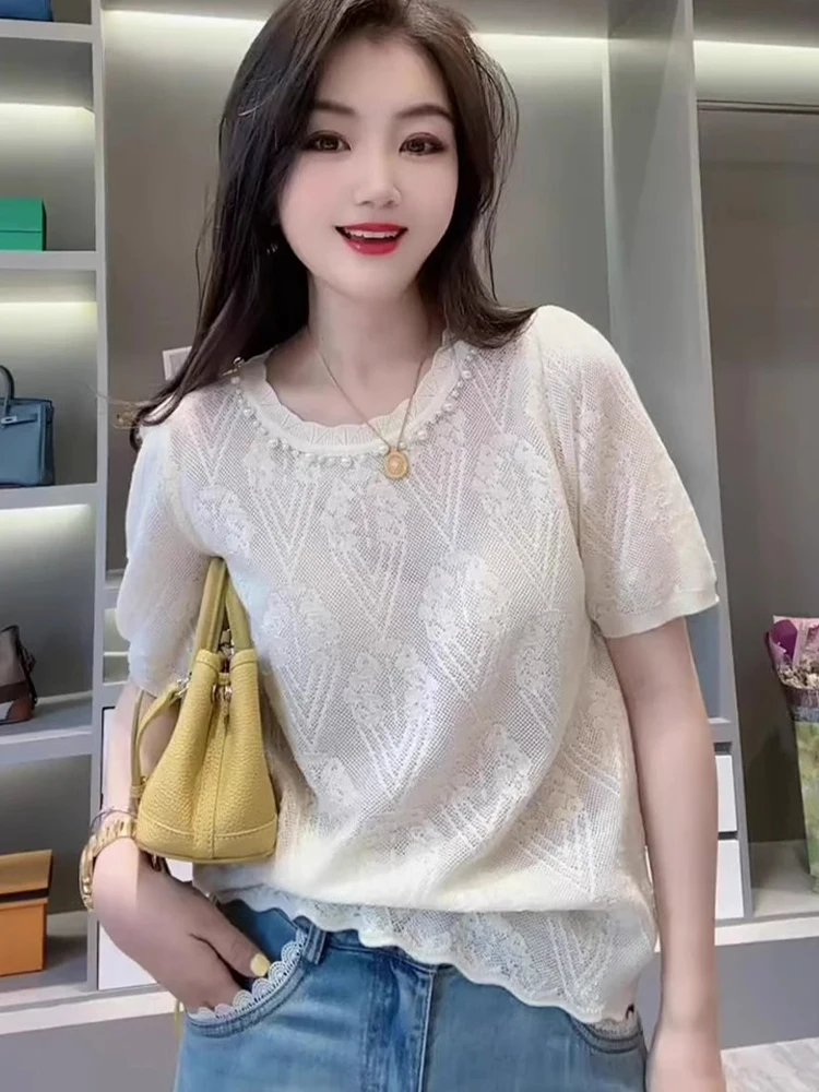 

Tie-Dye Hollow out Lightweight See-tough Beaded round Ne Chiffon Top Trendy Summer 2025 Women's Silk Blend Commute Sle