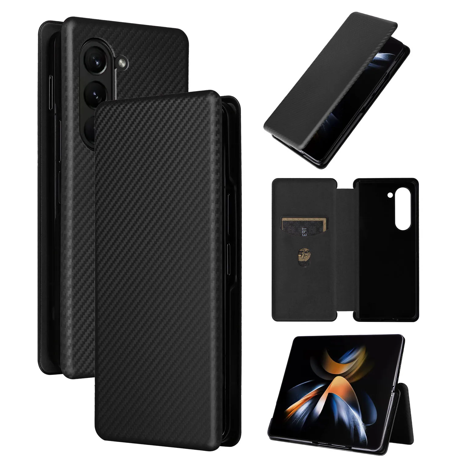 

Carbon Fiber Patter Leather BOOK Full Cover For SAMSUNG GALAXY Z FOLD 5 FOLD5 Cuvered Card Slot Bracket Holder Wallet Flip Case