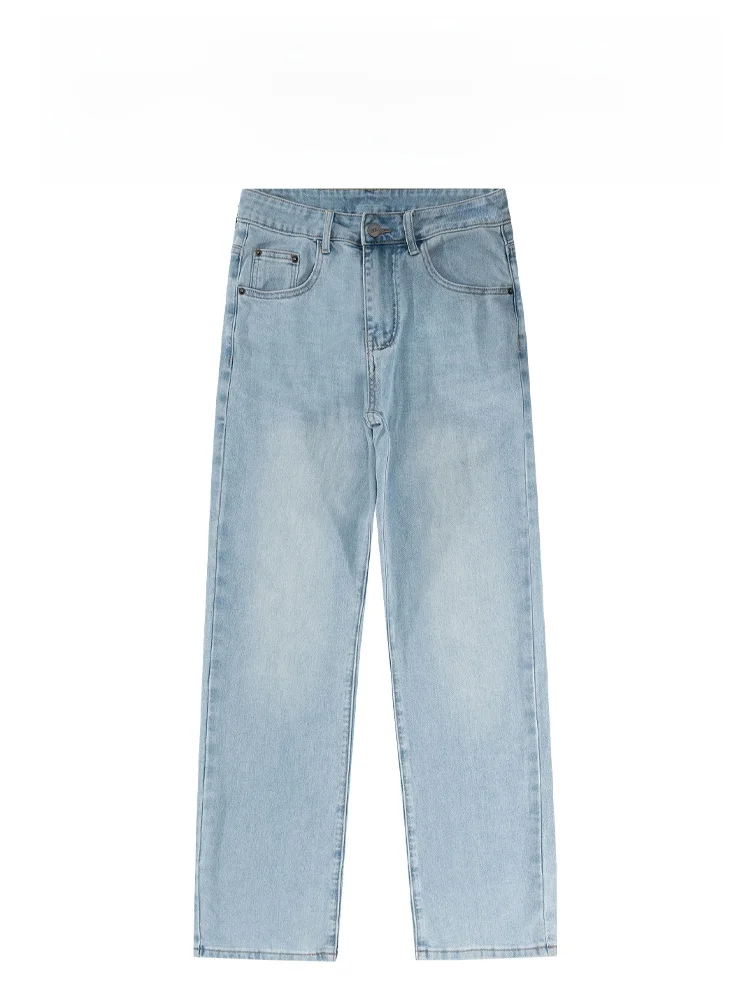 

Высококачественные модные мужские джинсы прямого кроя синего цвета, повседневные, из смесового хлопка и полиэстера, для весны, лета и осени, прямой крой