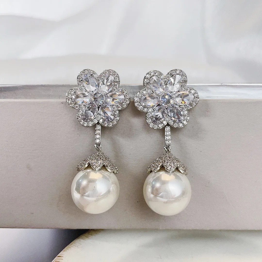 925 stamp silver color Earrings Crystal Plum Ice Flower Zirconia Pearl Drop Earrings For Women Brincos De Prata